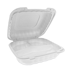 Pactiv Evergreen EarthChoice SmartLock Microwavable MFPP Hinged Lid Container, 3-Compartment, 8.31 x 8.35 x 3.1, White, 200/Carton (YCN808030000)