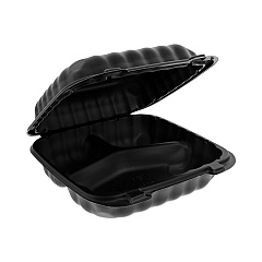 Pactiv Evergreen EarthChoice SmartLock Microwavable MFPP Hinged Lid Container, 3-Compartment, 8.3 x 8.3 x 3.4, Black, 200/Carton (YCNB08030000)