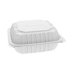 Pactiv Evergreen EarthChoice Vented Microwavable MFPP Hinged Lid Container, 3-Compartment, 8.5 x 8.5 x 3.1, White, 146/Carton (YCNW0853)