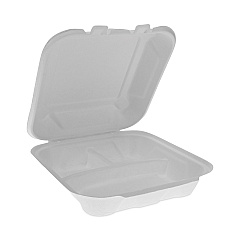 Pactiv Evergreen EarthChoice Bagasse Hinged Lid Container, 3-Compartment, Dual Tab Lock, 7.8 x 7.8 x 2.8, Natural, 150/Carton (YMCH08030001)