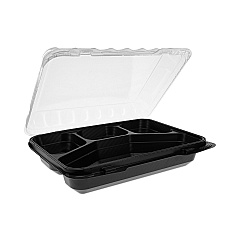 Pactiv Evergreen Dual Color SmartLock Hinged Lid Container, 4-Compartment, 10.75 x 8 x 3.25, Black Base/Clear Top, 125/Carton (YEH891140000)