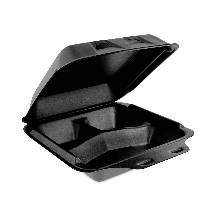 Pactiv Evergreen SmartLock Foam Hinged Lid Container, Medium, 3-Compartment, 8 x 8.5 x 3, Black, 150/Carton (YHLB08030000)