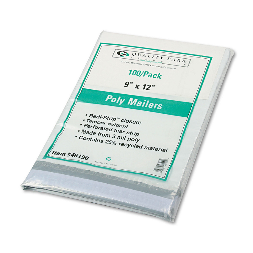 Quality Park Redi-Strip Poly Mailer, #3, Square Flap, Redi-Strip Closure, 9 x 12, White, 100/Pack (46190)