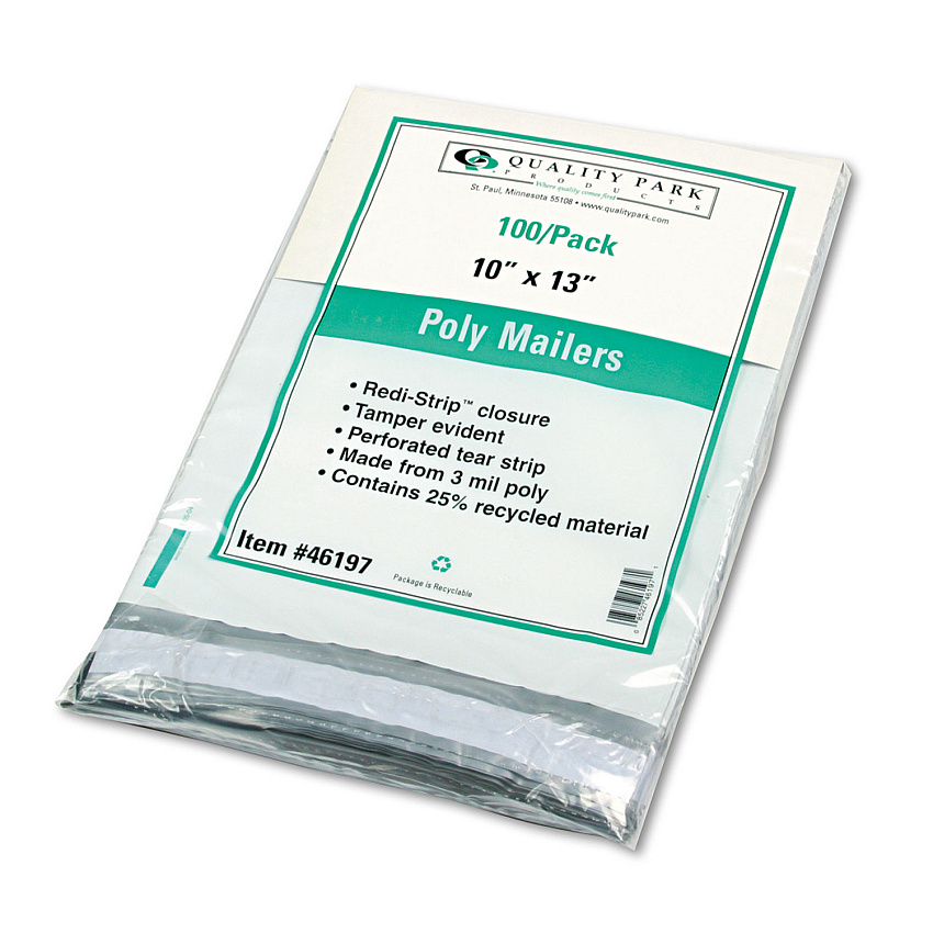 Quality Park Redi-Strip Poly Mailer, #4, Square Flap, Redi-Strip Closure, 10 x 13, White, 100/Pack (46197)