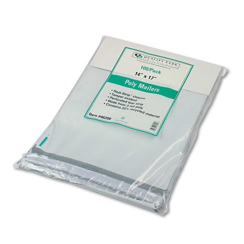 Quality Park Redi-Strip Poly Mailer, #5 1/2, Square Flap, Redi-Strip Closure, 14 x 17, White, 100/Pack (46200)