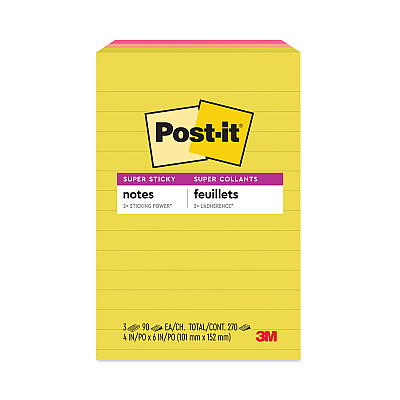 Post-it Notes Super Sticky Note Pads in Summer Joy Collection Colors, 4" x 6", Note Ruled, Summer Joy Collection Colors, 90 Sheets/Pad, 3 Pads/Pack (6603SSJOY)