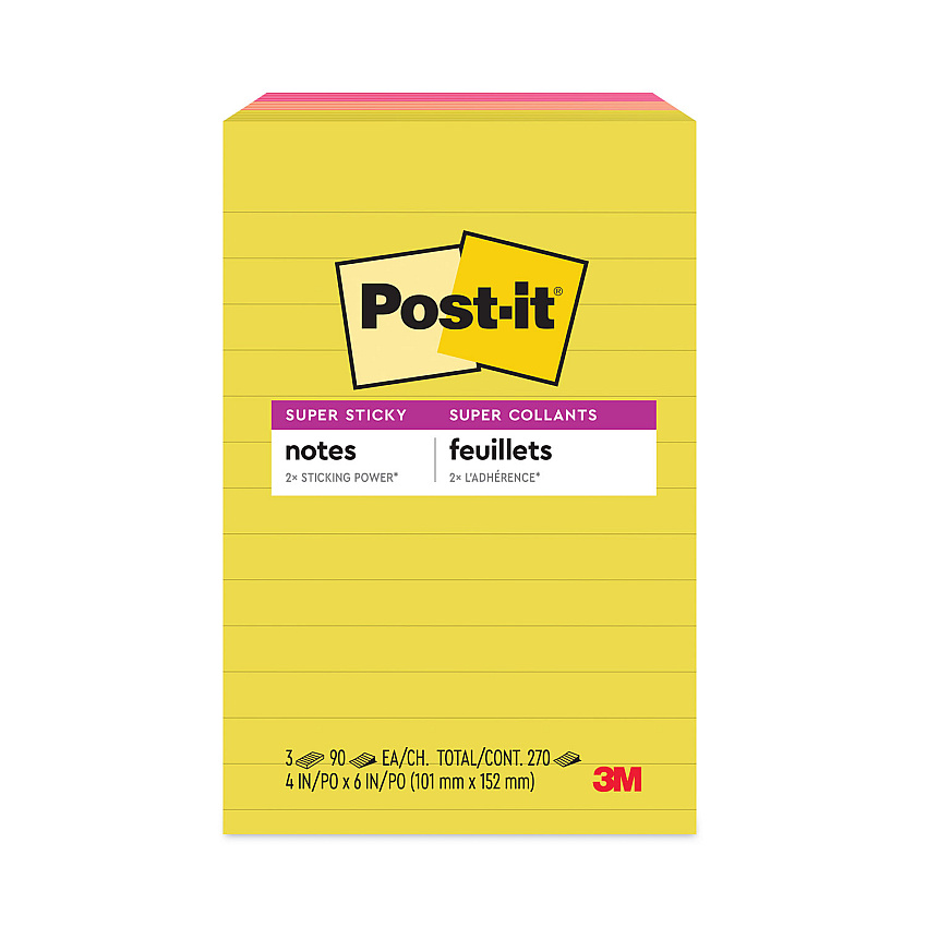 Post-it Notes Super Sticky Note Pads in Summer Joy Collection Colors, 4" x 6", Note Ruled, Summer Joy Collection Colors, 90 Sheets/Pad, 3 Pads/Pack (6603SSJOY)