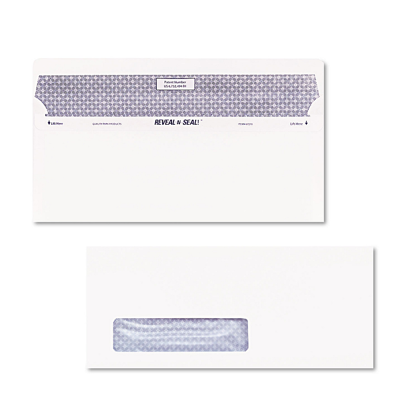 Quality Park Reveal-N-Seal Security Tint Envelope, Address Window, #10, Commercial Flap, Self-Adhesive Closure, 4.13 x 9.5, White, 500/Box (67418)