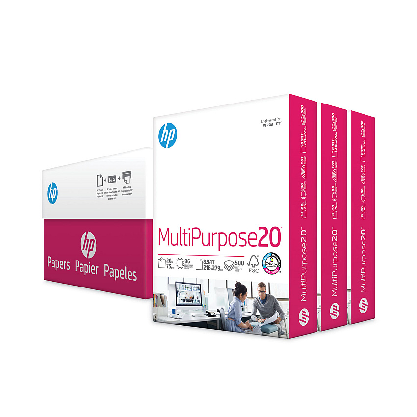 HP MultiPurpose20 Paper, 96 Bright, 20lb, 8.5 x 11, White, 500 Sheets/Ream, 3 Reams/Carton (112530)
