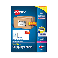 Avery Shipping Labels with TrueBlock Technology, Laser Printers,  2.5 x 4, White, 8/Sheet, 100 Sheets/Pack (5817)
