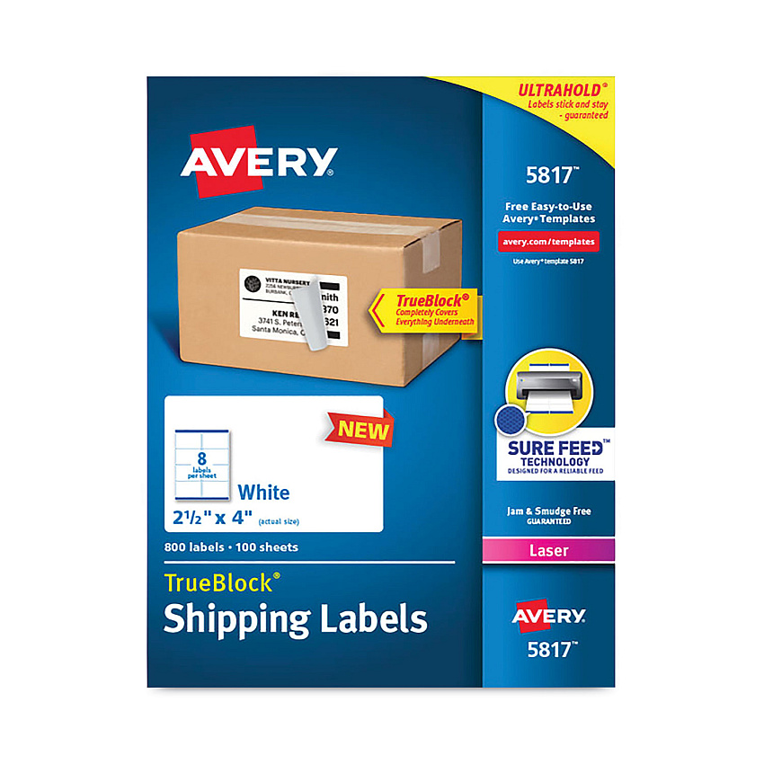 Avery Shipping Labels with TrueBlock Technology, Laser Printers,  2.5 x 4, White, 8/Sheet, 100 Sheets/Pack (5817)