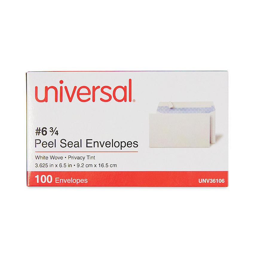 Universal Peel Seal Strip Business Envelope, #6 3/4, Square Flap, Self-Adhesive Closure, 3.63 x 6.5, White, 100/Box (UNV36106)