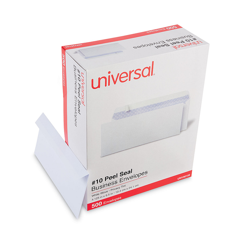Universal Peel Seal Strip Business Envelope, #10, Square Flap, Self-Adhesive Closure, 4.25 x 9.63, White, 500/Box (UNV36105)