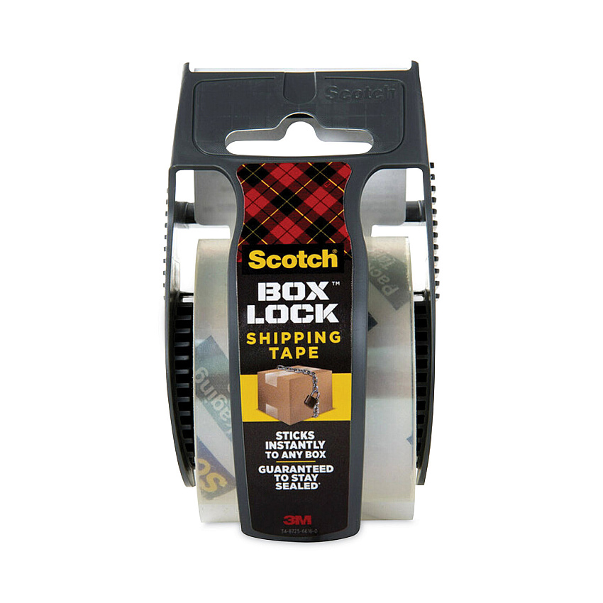 Scotch Box Lock Shipping Packaging Tape with Dispenser, 1.5" Core, 1.88" x 22.2 yds, Clear (195)