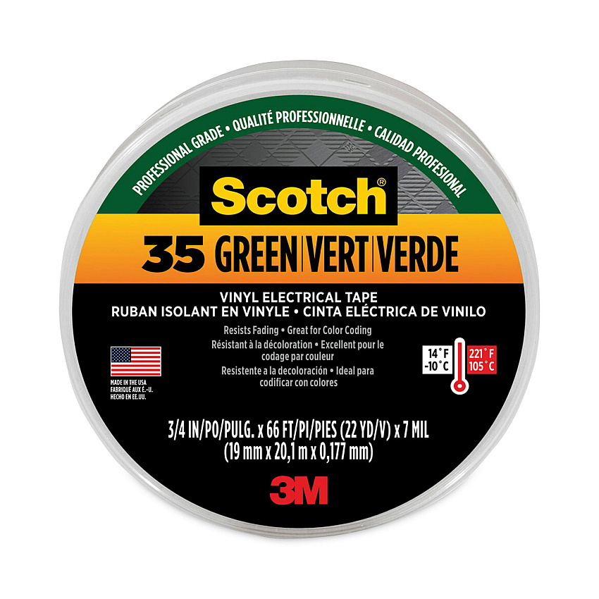 3M Scotch 35 Vinyl Electrical Color Coding Tape, 3" Core, 0.75" x 66 ft, Green (10851)