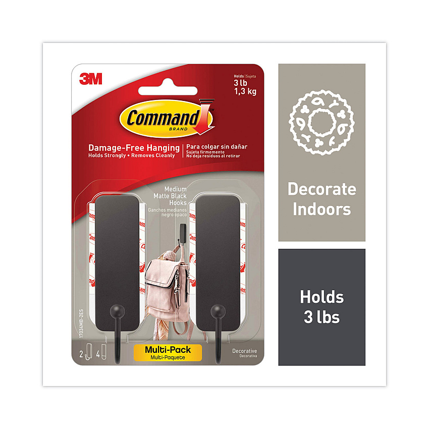 Command Decorative Hooks, Medium, Matte Black, 2 Hook and 4 Strips/Pack (17034MB2ES)