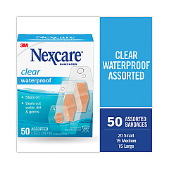 3M Nexcare Waterproof, Clear Bandages, Assorted Sizes, 50/Box (43250)