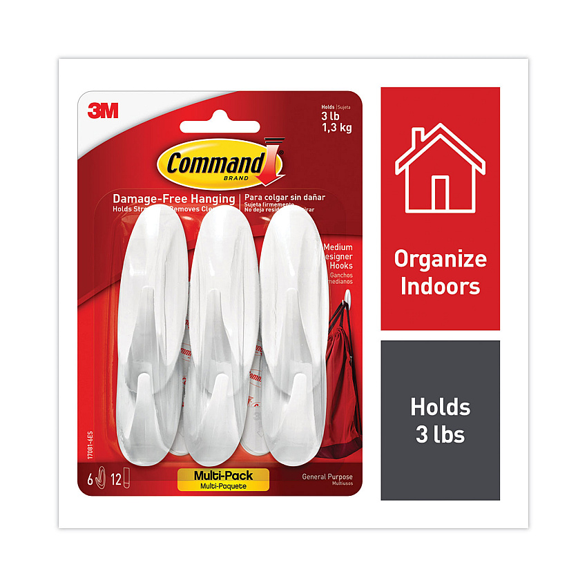 Command Designer Hooks, Plastic, White, 3 lb Cap, 6 Hooks and 12 Strips/Pack (170816ES)