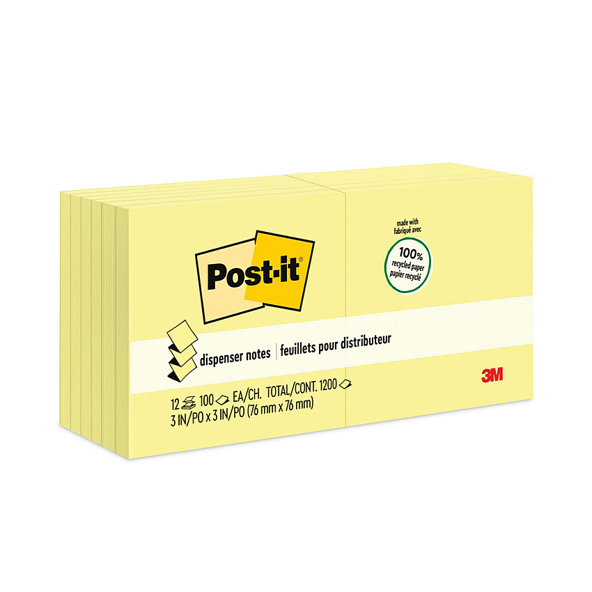 Post-it Greener Notes Original Recycled Pop-up Notes, 3" x 3", Canary Yellow, 100 Sheets/Pad, 12 Pads/Pack (R330RP12YW)