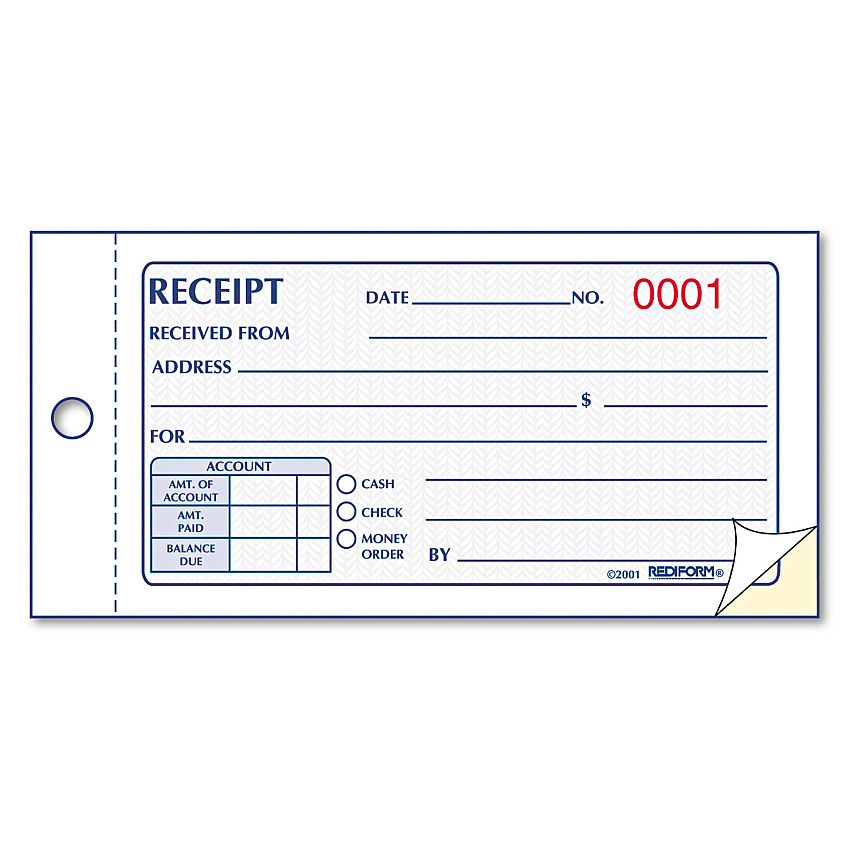 Rediform Small Money Receipt Book, Two-Part Carbonless, 5 x 2.75,  1/Page, 50 Forms (8L820)
