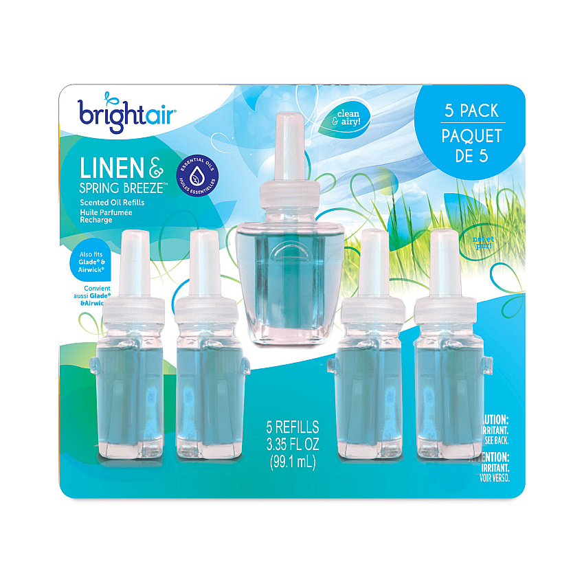 BRIGHT Air Electric Scented Oil Air Freshener Refill, Linen and Spring Breeze, 0.67 oz Bottle, 5/Pack, 6 Pack/Carton (900669CT)