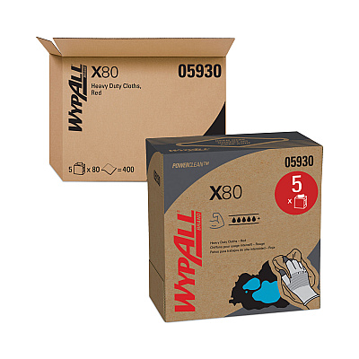 WypAll X80 Cloths, HYDROKNIT, POP-UP Box, 8.34 x 16.8, Red, 80/Box, 5 Box/Carton (05930)