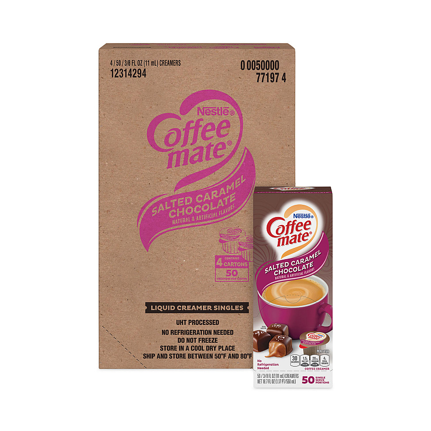 Coffee mate Liquid Coffee Creamer, Salted Caramel Chocolate, 0.38 oz Mini Cups, 50/Box, 4 Boxes/Carton, 200 Total/Carton (77197CT)