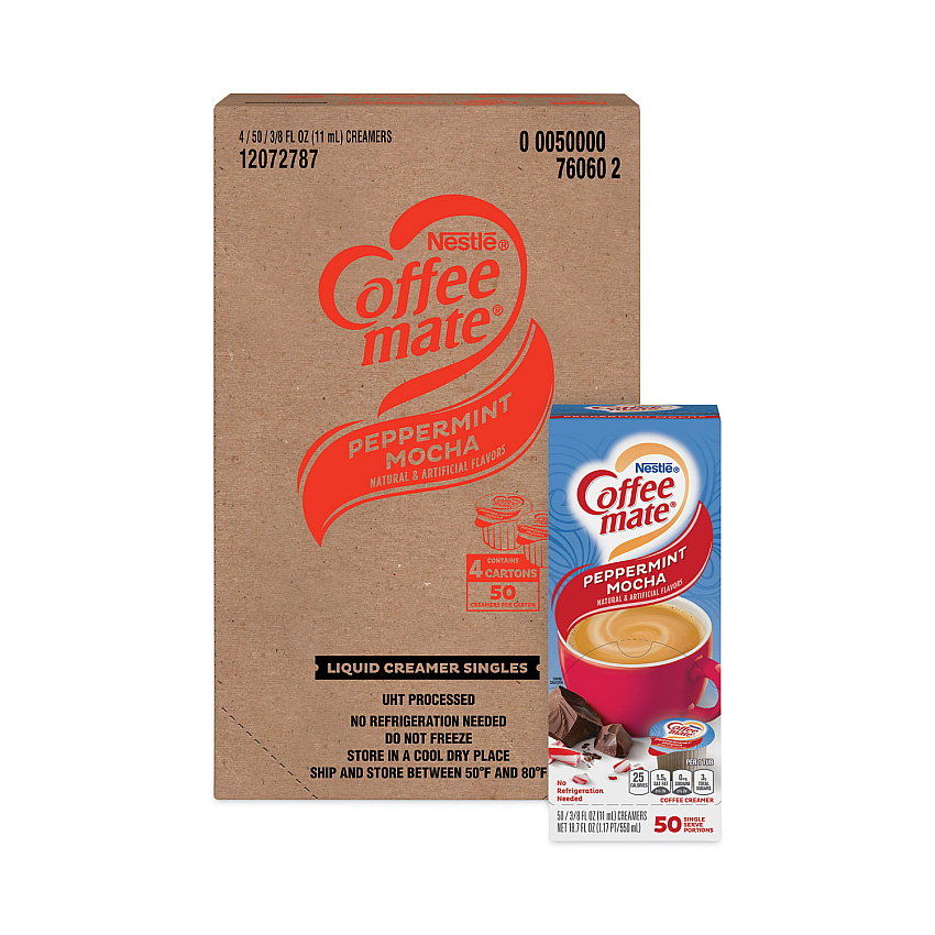 Coffee-mate Liquid Coffee Creamer, Peppermint Mocha, 0.38 oz Mini Cups, 50/Box, 4 Boxes/Carton, 200 Total/Carton (76060CT)