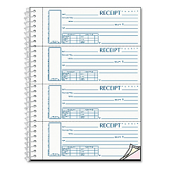 Rediform Spiralbound Unnumbered Money Receipt Book, Three-Part Carbonless, 7 x 2.75, 4/Page, 120 Forms (S16444WCL)