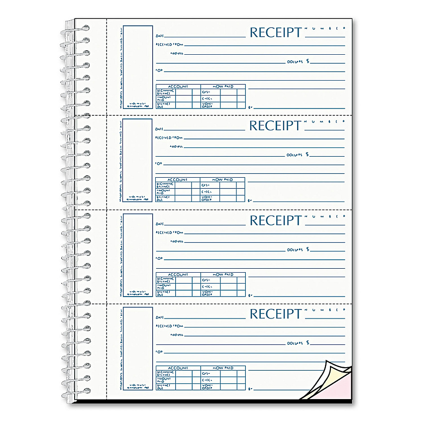 Rediform Spiralbound Unnumbered Money Receipt Book, Three-Part Carbonless, 7 x 2.75, 4/Page, 120 Forms (S16444WCL)