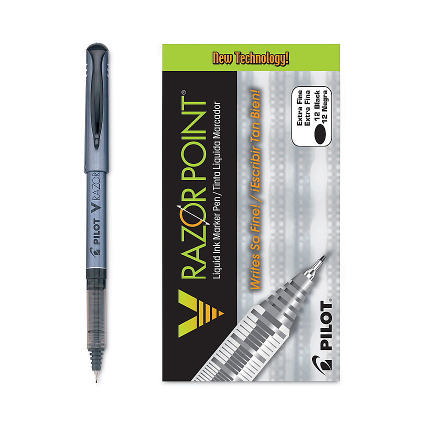 Pilot V Razor Point Liquid Ink Porous Point Pen, Stick, Extra-Fine 0.5 mm, Black Ink, Gray Barrel, Dozen (11020)