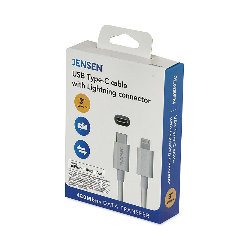 JENSEN USB-C to Lightning Cable, 3 ft, White (JU832CL3V)