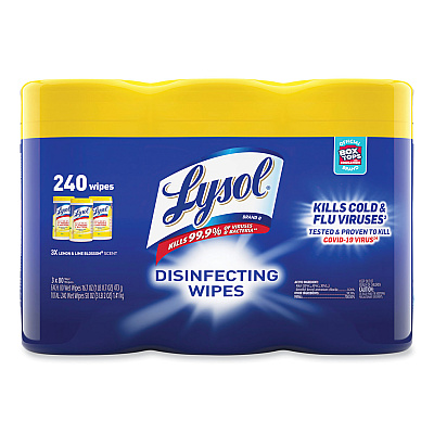 LYSOL Brand Disinfecting Wipes, 7 x 7.25, Lemon and Lime Blossom, 80 Wipes/Canister, 3 Canisters/Pack (84251PK)