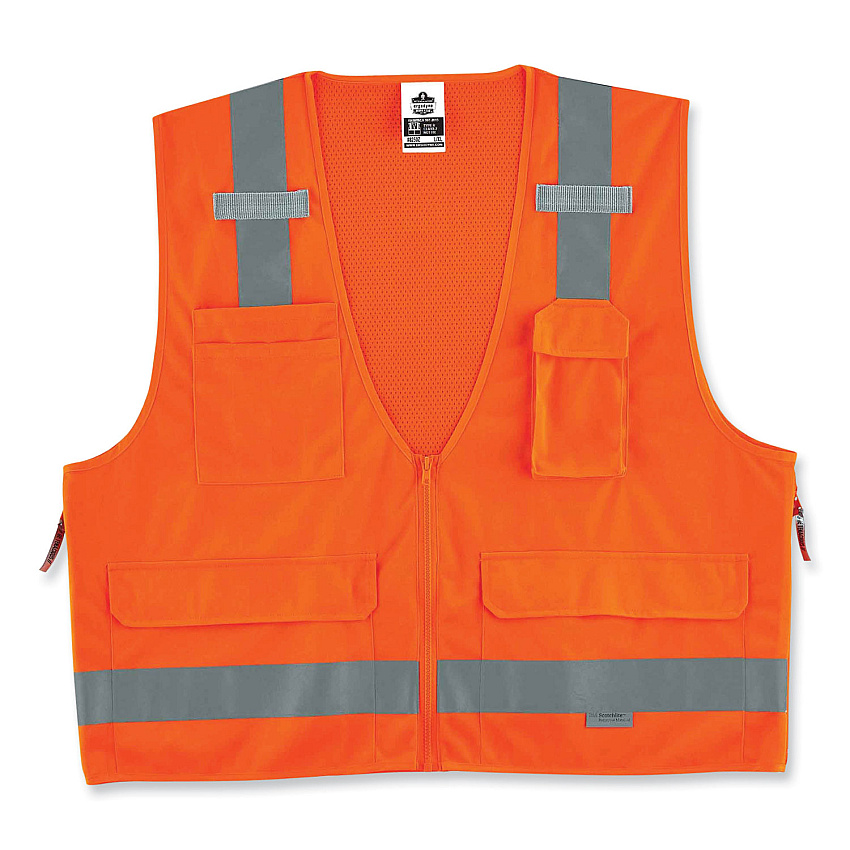 ergodyne GloWear 8250Z Class 2 Surveyors Zipper Vest, Polyester, 4X-Large/5X-Large, Orange (21419)