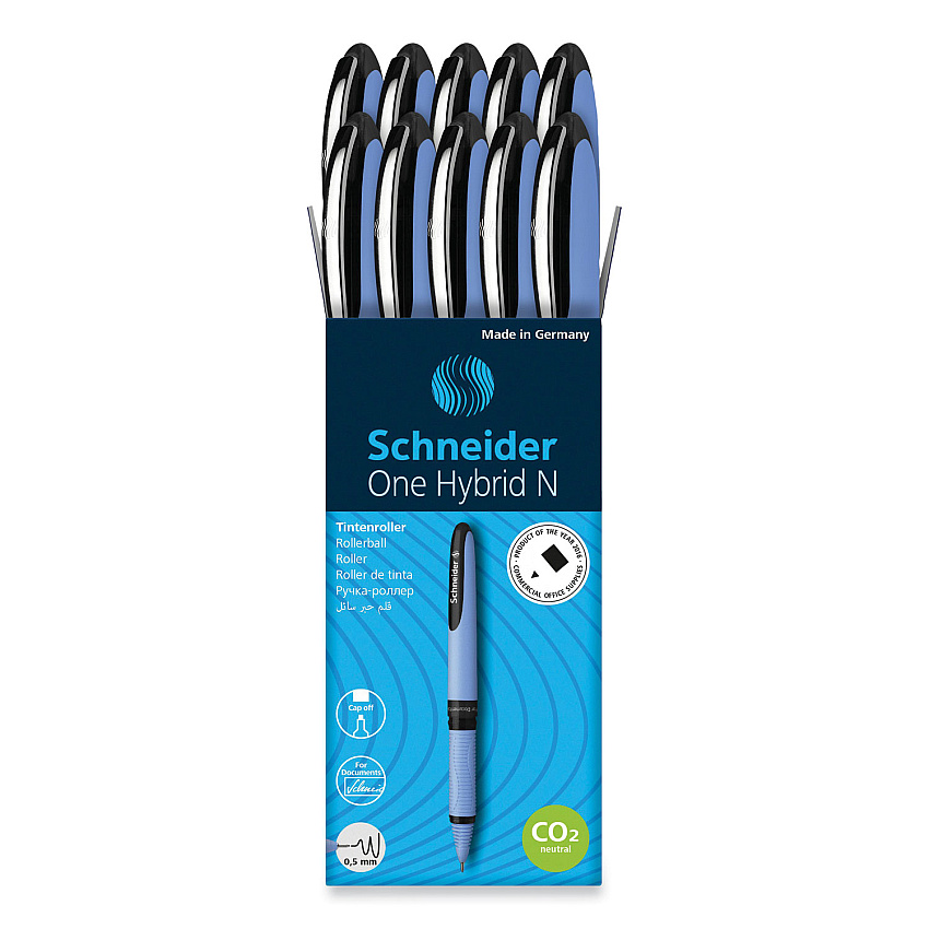 Schneider One Hybrid Gel Pen, Stick, Fine 0.5 mm, Black Ink, Blue Barrel, 10/Box (183501)