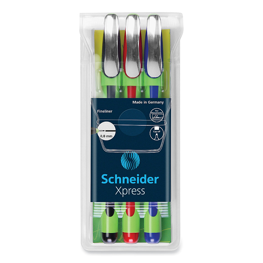 Schneider Xpress Fineliner Porous Point Pen, Stick, Medium 0.8 mm, Assorted Ink Colors, Green Barrel, 3/Pack (190093)