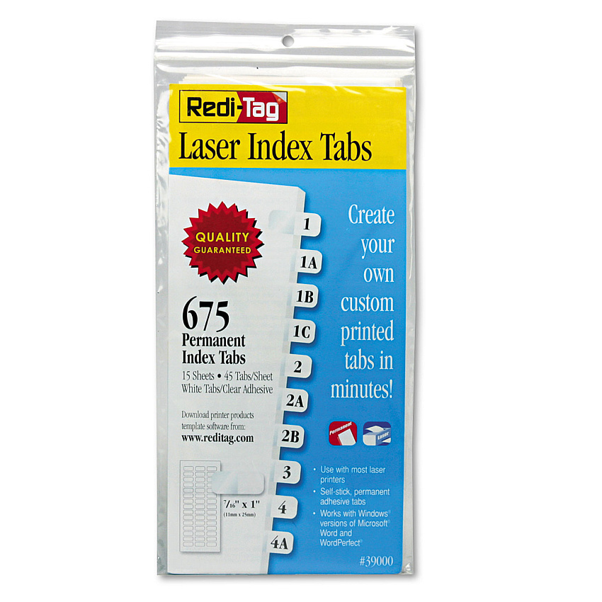 Redi-Tag Laser Printable Index Tabs, 1/12-Cut Tabs, White, 0.44" Wide, 675/Pack (39000)