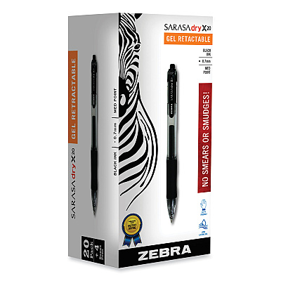 Zebra Sarasa Dry Gel X20 Gel Pen Value Pack, Retractable, Medium 0.7 mm, Black Ink, Smoke Barrel, 24/Box (14680)