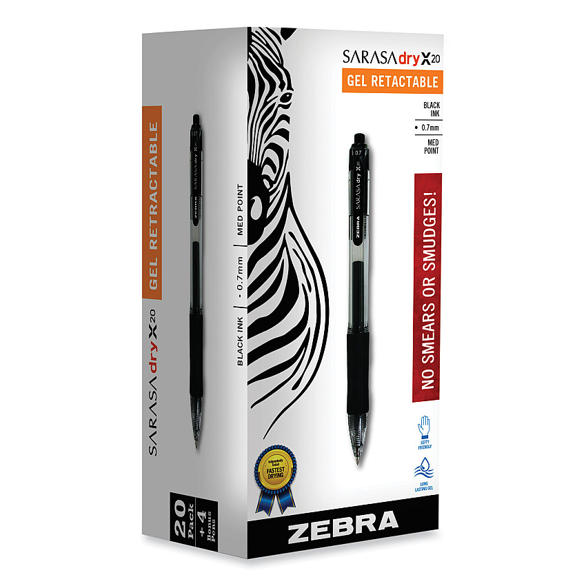 Zebra Sarasa Dry Gel X20 Gel Pen Value Pack, Retractable, Medium 0.7 mm, Black Ink, Smoke Barrel, 24/Box (14680)