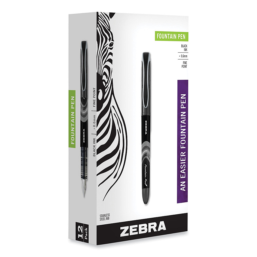 Zebra Fountain Pen, Fine 0.6 mm, Black Ink, Black, 12/Pack (48310)