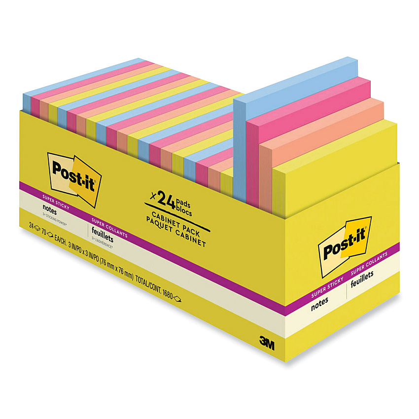 Post-it Notes Super Sticky Note Pads in Summer Joy Collection Colors, 3" x 3", Summer Joy Collection Colors, 70 Sheets/Pad, 24 Pads/Pack (65424SSJOYCP)