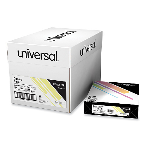 Universal Deluxe Colored Paper, 20 lb Bond Weight, 8.5 x 11, Canary, 500 Sheets/Ream, 10 Reams/Carton (UNV11201CT)