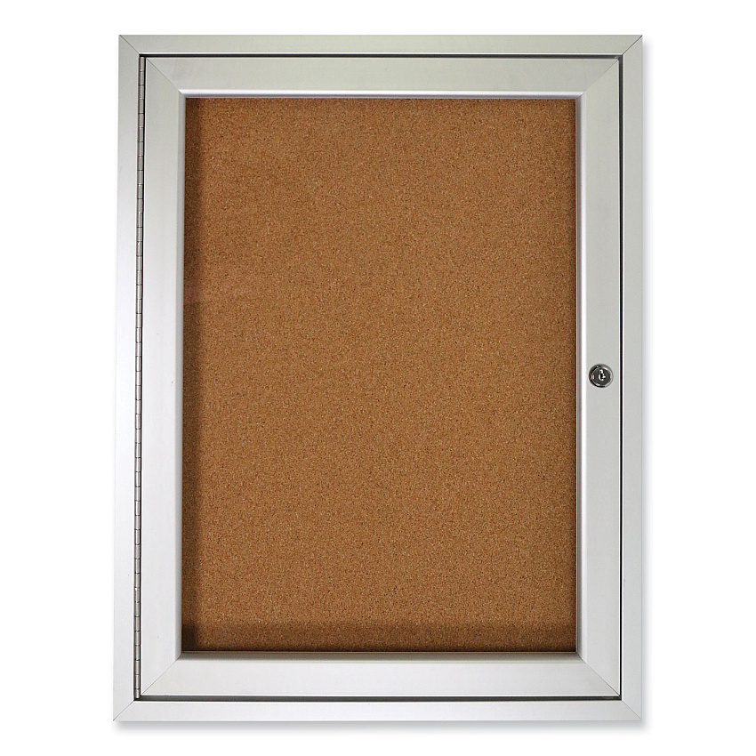 Ghent 1 Door Enclosed Natural Cork Bulletin Board with Satin Aluminum Frame, 30 x 36, Tan Surface (PA13630K)