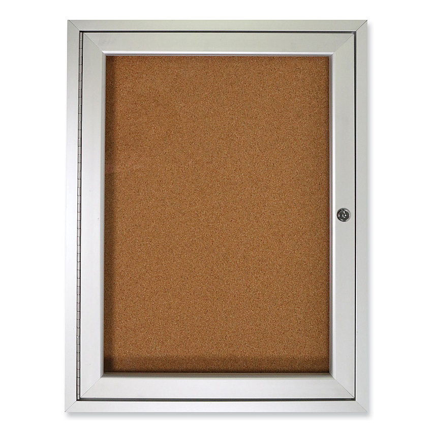 Ghent 1 Door Enclosed Natural Cork Bulletin Board with Satin Aluminum Frame, 24 x 36, Tan Surface (PA13624K)