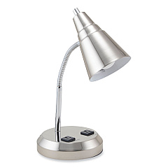 V-Light LED Gooseneck Desk Lamp with Charging Outlets, Gooseneck,15" High, Brushed Steel (VS20105BN)