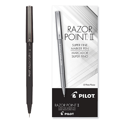 Pilot Razor Point Fine Line Porous Point Pen, Stick, Extra-Fine 0.3 mm, Black Ink, Black Barrel, Dozen (11001)