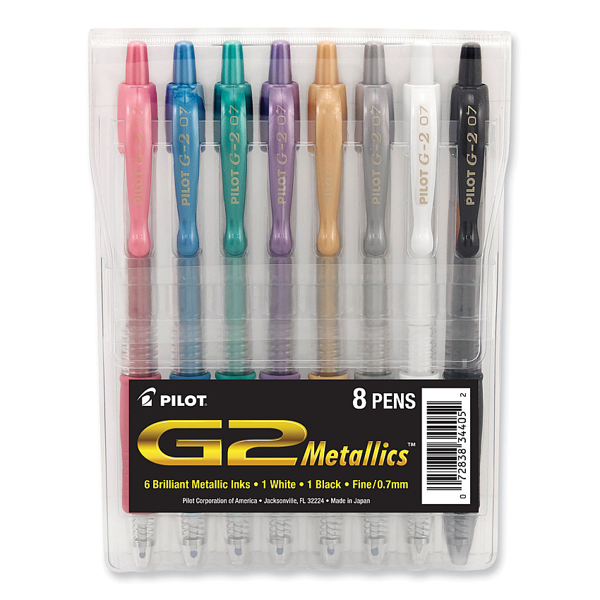 Pilot G2 Metallics Gel Pen, Retractable, Fine 0.7 mm, Assorted Ink and Barrel Colors, 8/Pack (34405)