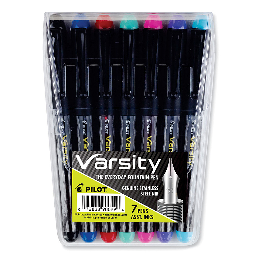 Pilot Varsity Fountain Pen, Medium 1 mm, Assorted Ink Colors, Gray Pattern Wrap, 7/Pack (90029)