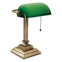 V-Light LED Banker's Lamp with Green Shade, USB Charging Port, Candlestick Neck, 15" High, Antique Brass (SVCA150402GR)