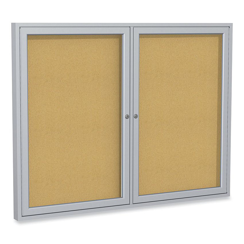 Ghent 2 Door Enclosed Natural Cork Bulletin Board with Satin Aluminum Frame, 60 x 48, Tan Surface (PA24860K)